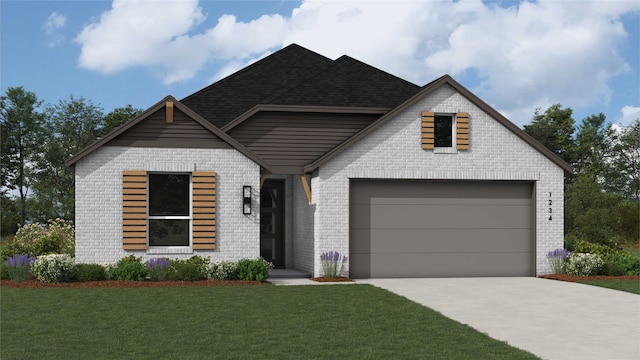 3146 Duck Heights Ave, Royse City, TX 75189 - view of front of home featuring a front lawn, a shingled roof, driveway, brick siding, and an attached garage