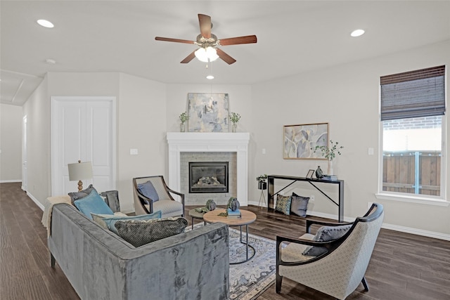3341 Man O War Rd, Celina, TX 75009 - living room with a ceiling fan, dark wood-style floors, baseboards, recessed lighting, and a tile fireplace