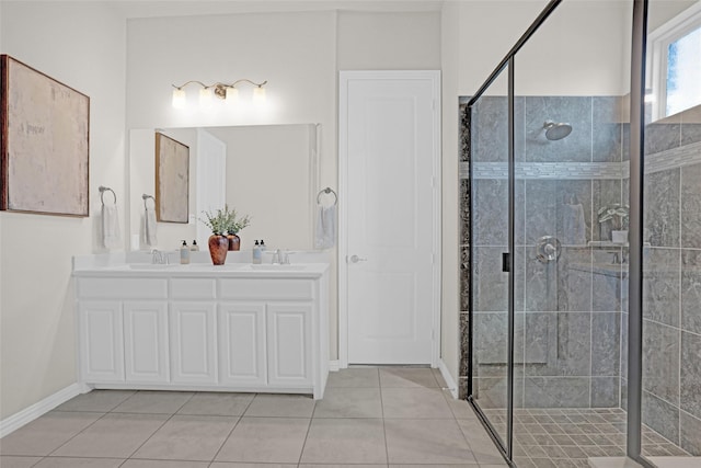 3341 Man O War Rd, Celina, TX 75009 - full bath featuring a stall shower, tile patterned flooring, double vanity, and baseboards