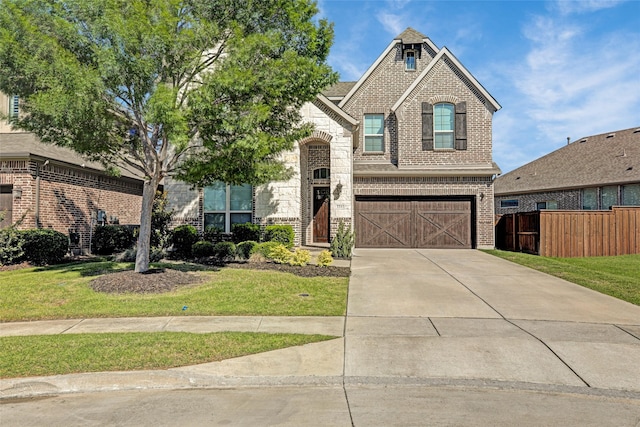 3341 Man O War Rd, Celina, TX 75009 - french country style house with brick siding, an attached garage, concrete driveway, and stone siding