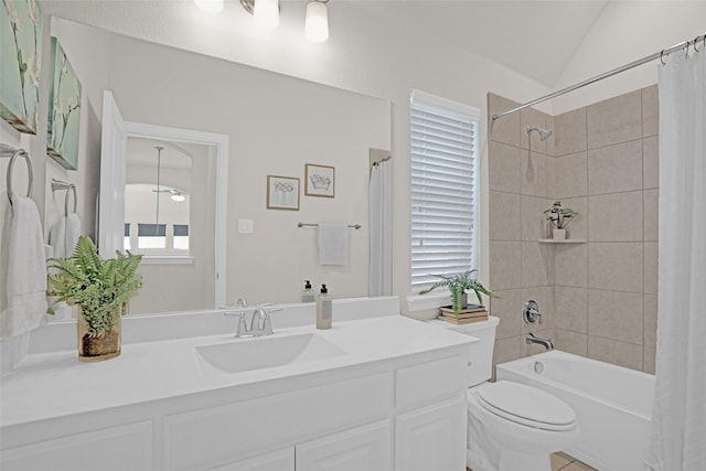 3341 Man O War Rd, Celina, TX 75009 - bathroom with vanity, toilet, shower / bathtub combination with curtain, and vaulted ceiling