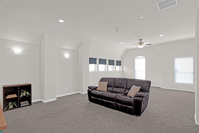 3341 Man O War Rd, Celina, TX 75009 - carpeted living area featuring healthy amount of natural light, a ceiling fan, baseboards, recessed lighting, and vaulted ceiling