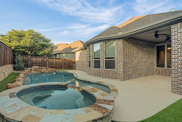 3341 Man O War Rd, Celina, TX 75009 - view of pool with a fenced backyard, a patio, a ceiling fan, and a pool with connected hot tub