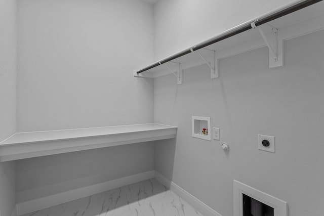 clothes washing area featuring washer hookup, hookup for a gas dryer, laundry area, electric dryer hookup, and marble finish floor