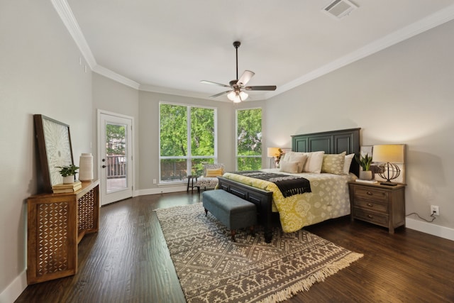 bedroom featuring baseboards, visible vents, ornamental molding, and access to exterior