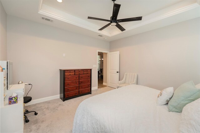 1153 Horizon Trace Dr, Azle, TX 76020 - bedroom with a raised ceiling, light colored carpet, baseboards, a ceiling fan, and ornamental molding