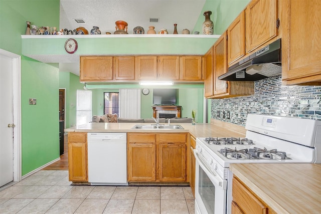 10125 Leatherwood Dr, Fort Worth, TX 76108 - kitchen with a sink, light countertops, white appliances, under cabinet range hood, and light tile patterned flooring