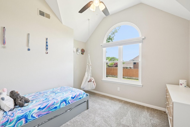 7812 Alderwood Pl, Plano, TX 75025 - bedroom with lofted ceiling, carpet floors, baseboards, and ceiling fan