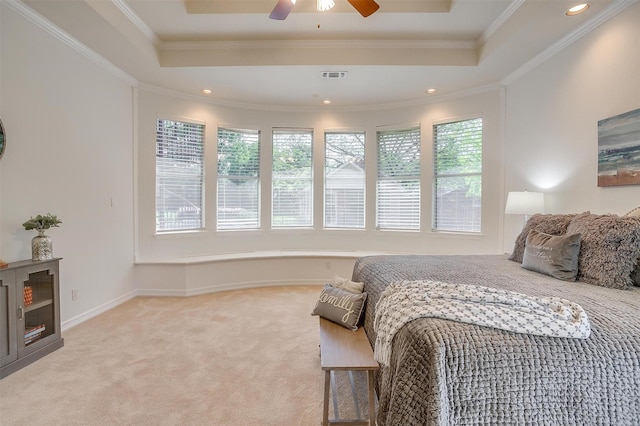 bedroom featuring light carpet, multiple windows, visible vents, and recessed lighting