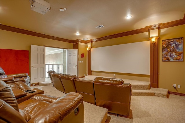 carpeted cinema room with baseboards, crown molding, visible vents, and recessed lighting