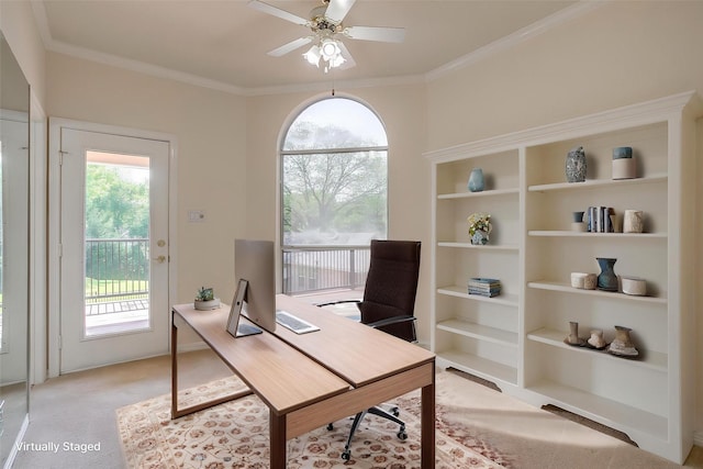 office area featuring light carpet, ornamental molding, and ceiling fan
