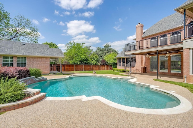 view of pool with a fenced backyard, a fenced in pool, and a patio