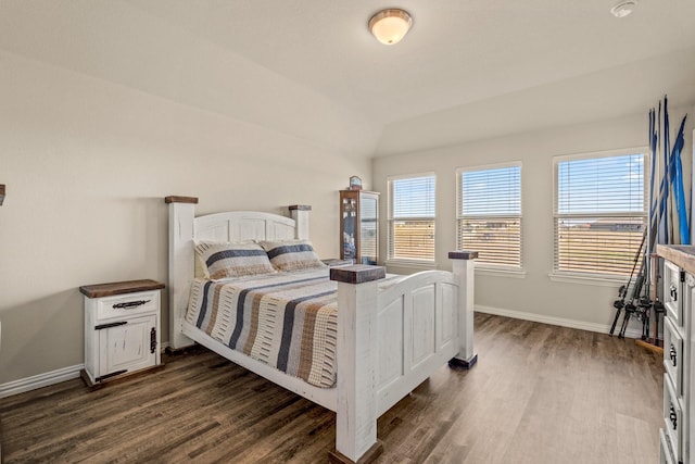 bedroom with multiple windows, dark wood finished floors, and baseboards