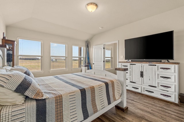 bedroom featuring wood finished floors and vaulted ceiling