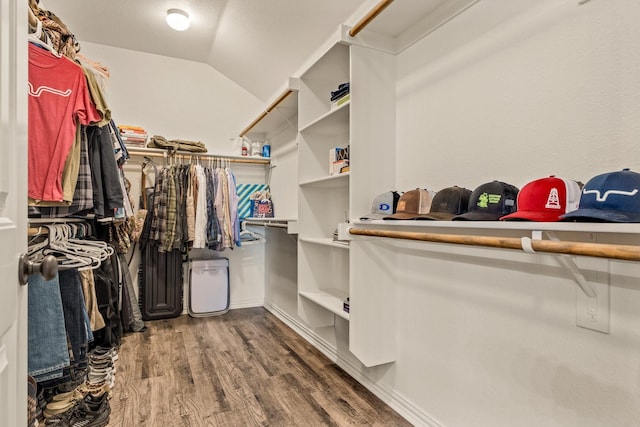 walk in closet with wood finished floors and vaulted ceiling