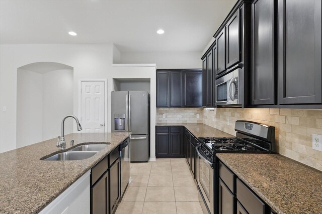 1513 Toucan Dr, Little Elm, TX 75068 - kitchen with stainless steel appliances, a sink, light colored carpet, stone counters, and healthy amount of natural light