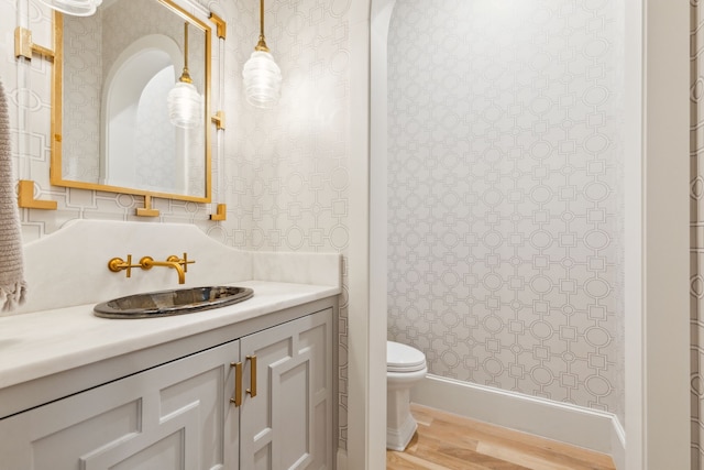 6622 Blue Valley Ln, Dallas, TX 75214 - bathroom featuring toilet, vanity, wood finished floors, and wallpapered walls
