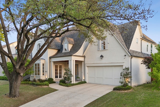 6622 Blue Valley Ln, Dallas, TX 75214 - view of front of house with a shingled roof, a garage, brick siding, french doors, and driveway