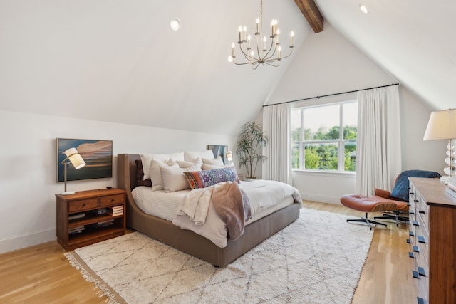 6622 Blue Valley Ln, Dallas, TX 75214 - bedroom with baseboards, a chandelier, light wood-style floors, and lofted ceiling with beams