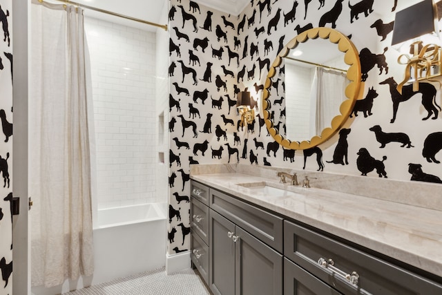 6622 Blue Valley Ln, Dallas, TX 75214 - bathroom with shower / bathtub combination with curtain, vanity, and ornamental molding