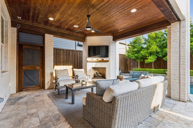 6622 Blue Valley Ln, Dallas, TX 75214 - view of patio / terrace with an outdoor living space with a fireplace, fence, and a ceiling fan