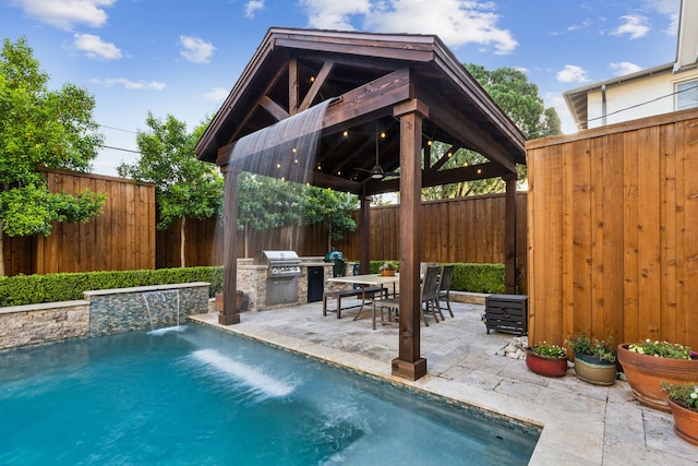 6622 Blue Valley Ln, Dallas, TX 75214 - view of pool with area for grilling, a patio, a gazebo, and a fenced backyard