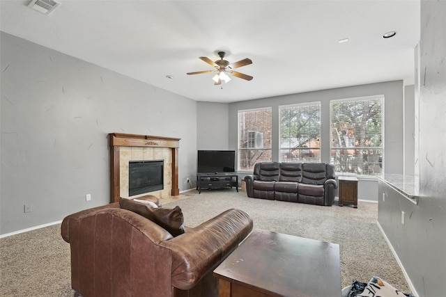 805 Red Oak Ct, Crowley, TX 76036 - living room with carpet floors, ceiling fan, baseboards, and a fireplace