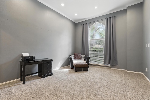 805 Red Oak Ct, Crowley, TX 76036 - sitting room featuring carpet, crown molding, baseboards, recessed lighting, and a desk
