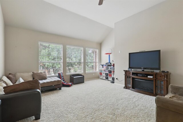 805 Red Oak Ct, Crowley, TX 76036 - carpeted living area featuring a ceiling fan, high vaulted ceiling, and baseboards