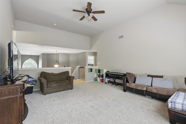 805 Red Oak Ct, Crowley, TX 76036 - living area with carpet floors, ceiling fan, and vaulted ceiling
