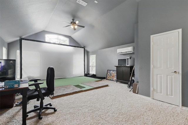 805 Red Oak Ct, Crowley, TX 76036 - office featuring a wall mounted air conditioner, vaulted ceiling, plenty of natural light, carpet, and a ceiling fan