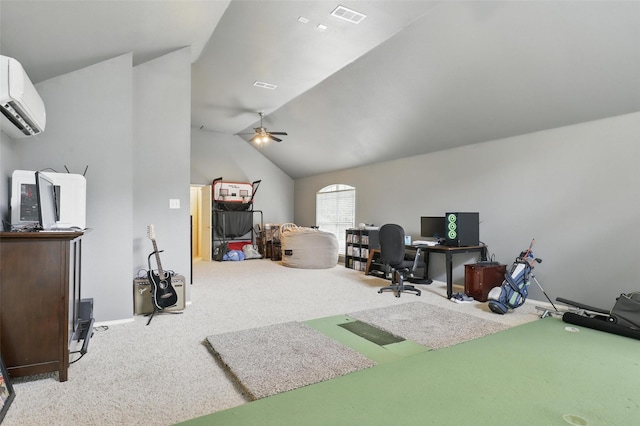 805 Red Oak Ct, Crowley, TX 76036 - office area with carpet, a wall mounted air conditioner, ceiling fan, and vaulted ceiling