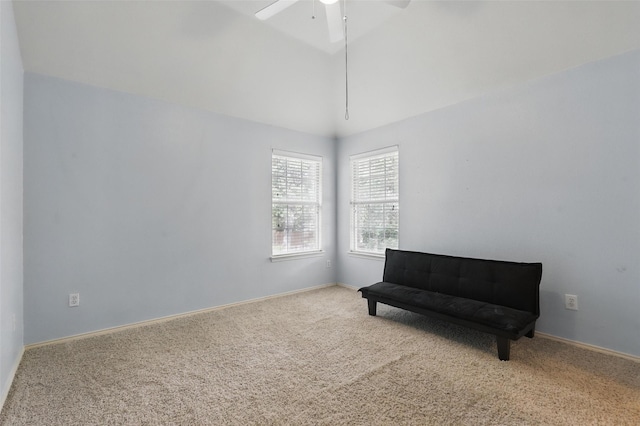 805 Red Oak Ct, Crowley, TX 76036 - living area featuring carpet floors, ceiling fan, baseboards, and lofted ceiling