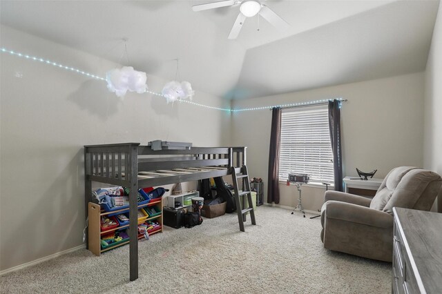 805 Red Oak Ct, Crowley, TX 76036 - carpeted bedroom featuring baseboards, vaulted ceiling, and a ceiling fan