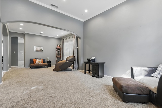 805 Red Oak Ct, Crowley, TX 76036 - living area featuring arched walkways, ornamental molding, carpet, baseboards, and recessed lighting