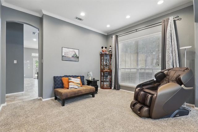 805 Red Oak Ct, Crowley, TX 76036 - sitting room featuring arched walkways, crown molding, carpet, baseboards, and recessed lighting