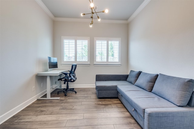 3128 Lexington Dr, Celina, TX 75009 - home office with wood finished floors, crown molding, and a chandelier