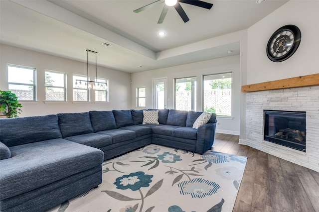 3128 Lexington Dr, Celina, TX 75009 - living room with plenty of natural light, hardwood / wood-style flooring, ceiling fan, and a fireplace