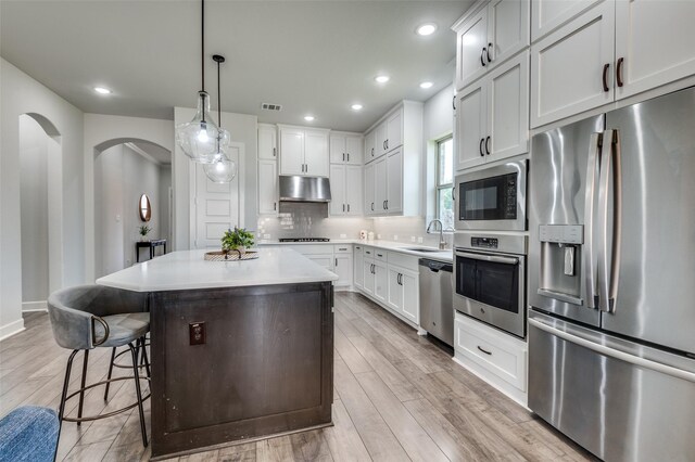 3128 Lexington Dr, Celina, TX 75009 - kitchen with stainless steel appliances, under cabinet range hood, arched walkways, a center island, and light wood-style flooring
