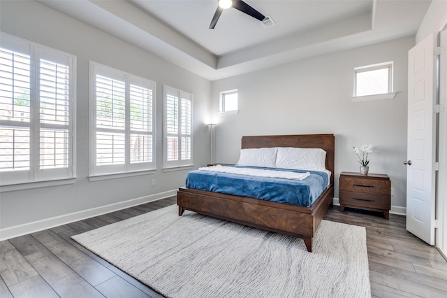 3128 Lexington Dr, Celina, TX 75009 - bedroom with a tray ceiling, wood finished floors, and a ceiling fan