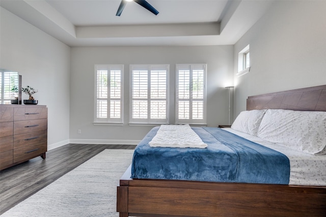 3128 Lexington Dr, Celina, TX 75009 - bedroom with multiple windows, dark wood-type flooring, a tray ceiling, and a ceiling fan
