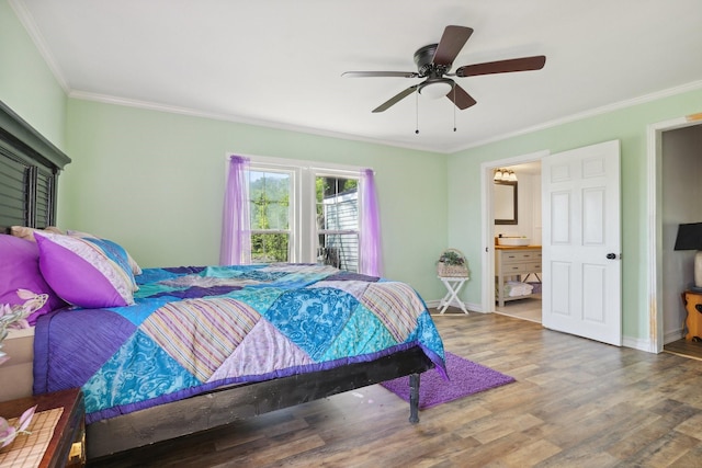 bedroom featuring baseboards, a ceiling fan, crown molding, connected bathroom, and wood finished floors