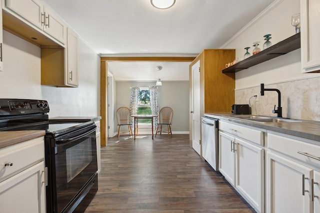 kitchen featuring dishwasher, a sink, ornamental molding, black electric range oven, and decorative backsplash