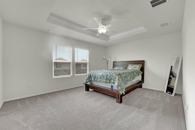 1335 Panorama Dr, Forney, TX 75126 - bedroom featuring ceiling fan, carpet floors, a tray ceiling, baseboards, and visible vents