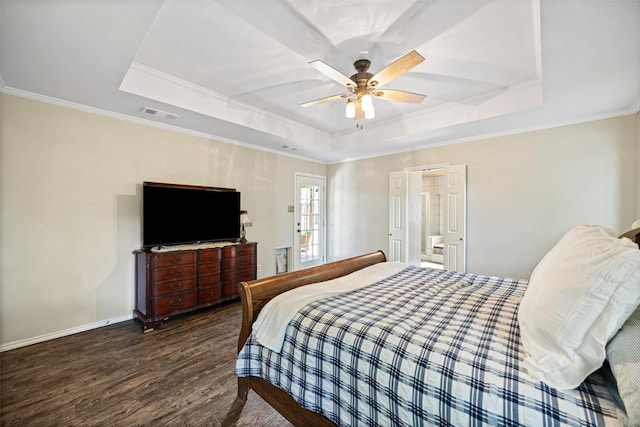6 Broadmoor Way, Lucas, TX 75098 - bedroom with a tray ceiling, wood finished floors, ornamental molding, a ceiling fan, and baseboards