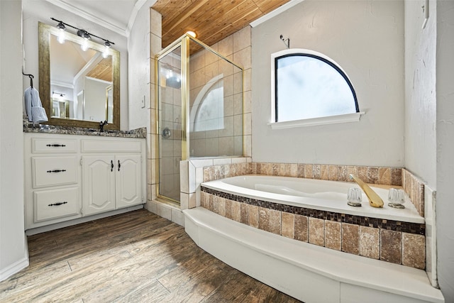 6 Broadmoor Way, Lucas, TX 75098 - bathroom featuring a stall shower, vanity, a bath, ornamental molding, and wood finished floors