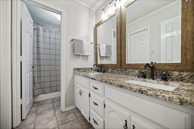 6 Broadmoor Way, Lucas, TX 75098 - bathroom featuring crown molding, double vanity, stone finish flooring, and curtained shower