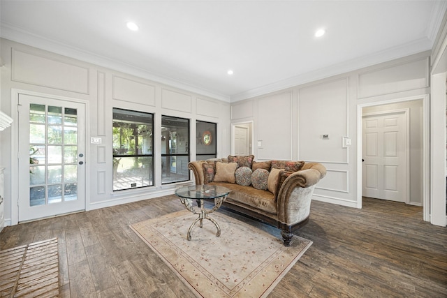 6 Broadmoor Way, Lucas, TX 75098 - living area with a decorative wall, crown molding, dark wood-type flooring, and recessed lighting