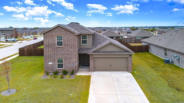 traditional home featuring brick siding, fence, central AC unit, and a residential view