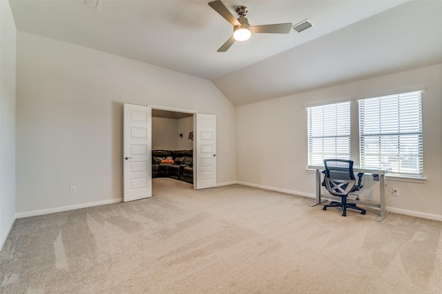 1314 Middleton Dr, Rockwall, TX 75087 - unfurnished office featuring light carpet, visible vents, vaulted ceiling, and ceiling fan
